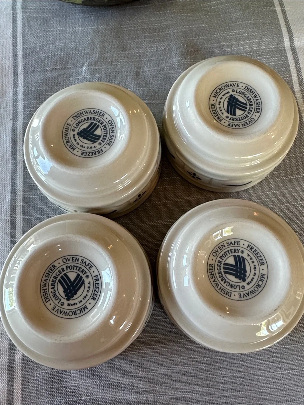 Longaberger White Ceramic Ramekins with Blue Logo Detail set of 4